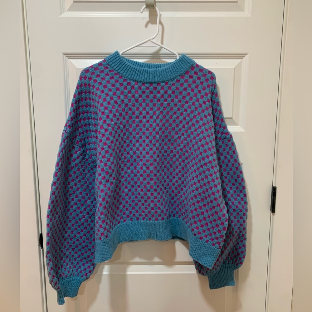 SHEIN Knitted Oversized Sweater/ C: Blue/Purple Checkered/ S: Large